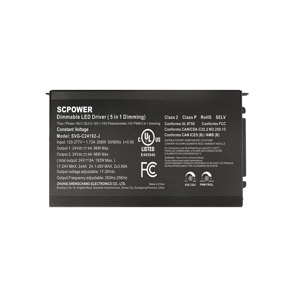 30 W, 60 W, 80 W, 96 W, 120 W, 150 W, 192 W, 200 W, 288 W, 300 W, 500 W, 600 W, CV, schraubenfrei, integrierter Anschlusskasten, Triac-Dimmtreiber, 0–10 V, 12 V, 24 V, 48 V Ausgang