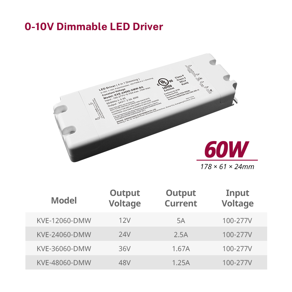  60W सीवी 0-10V Dimmable एलईडी बिजली आपूर्ति 12V 24V 36V 48V डीसी आउटपुट