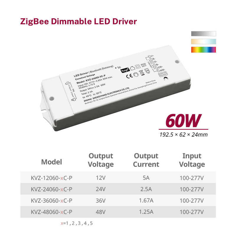 60W CV RGB CW ZigBee Dimmable LED Οδηγός 12V/24V/36V/48V Σταθερός τάσης τροφοδοσίας συμβατή με την εφαρμογή Tuya Smart Life App