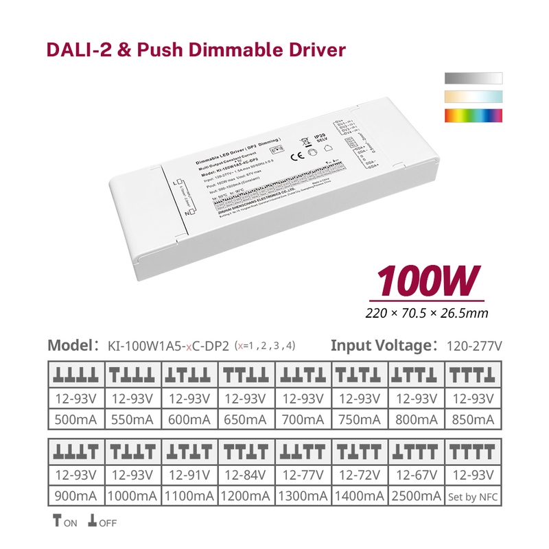 DP2 100W konstant str&oslash;m RGBW RGB DALI-2 Push D&aelig;mpbar driver LED DALI