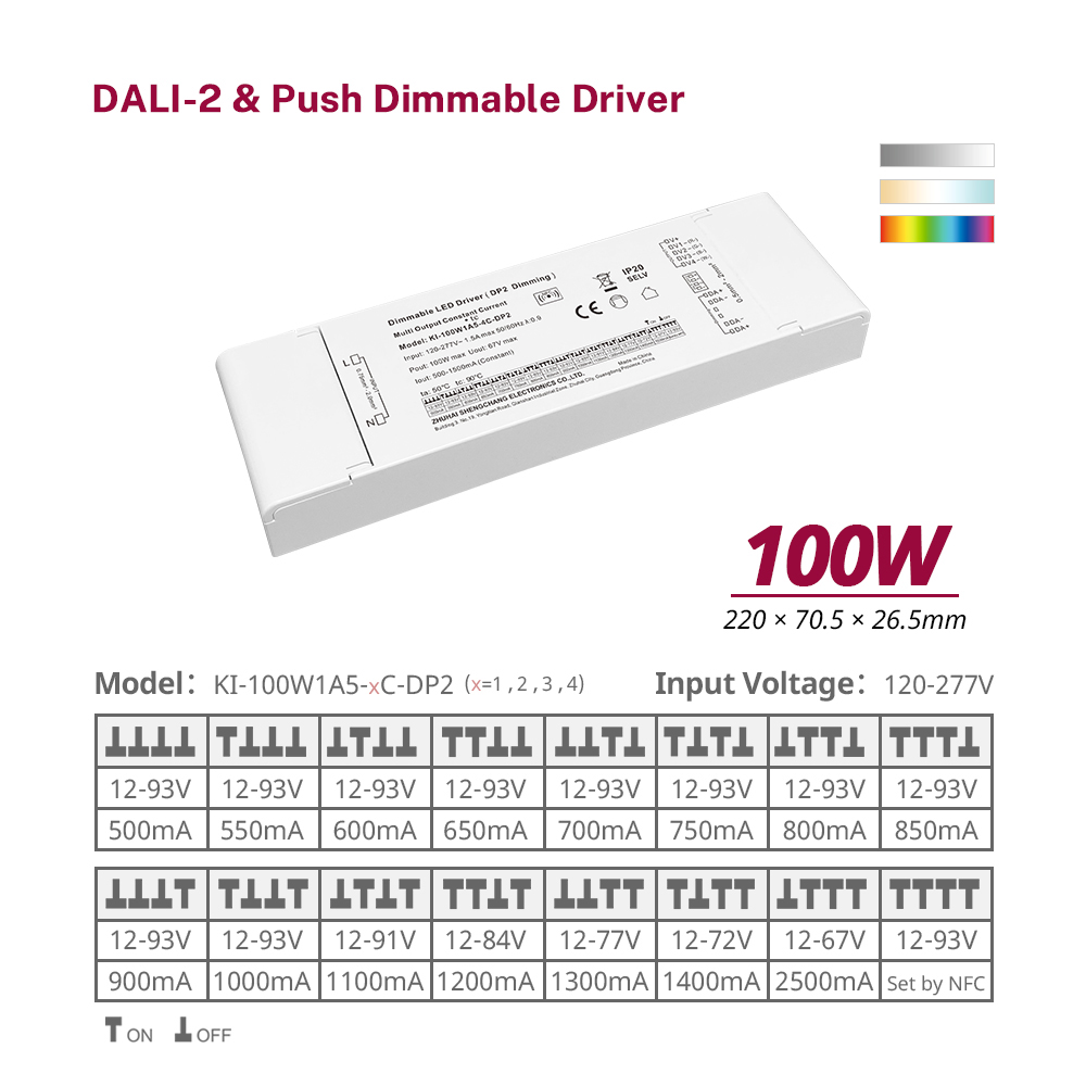DP2 100W konstant str&oslash;m RGBW RGB DALI-2 Push D&aelig;mpbar driver LED DALI