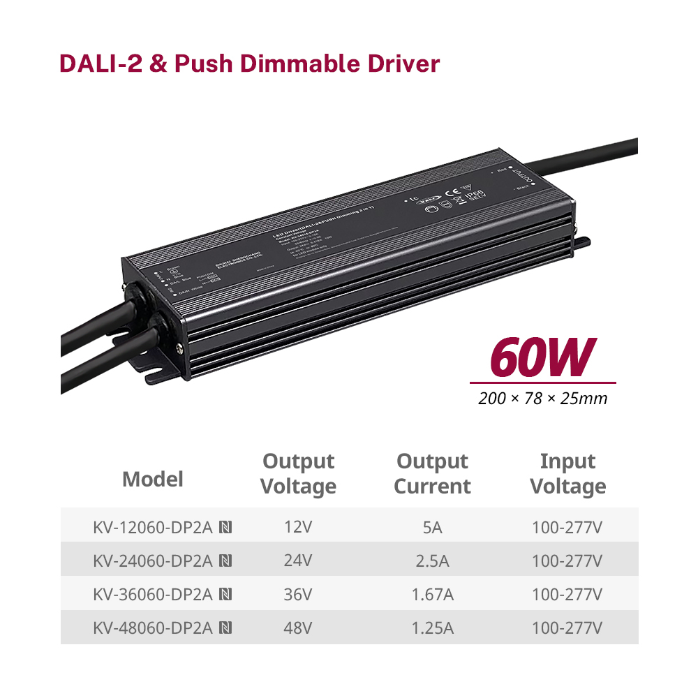 60W 75W 80W 96W 100W 120W 150W 200W 300W Push DALI 2 LED -ohjain Vedenpit&auml;v&auml; 12V 24V 36V 48V